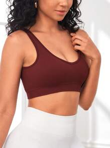 Brassière De Sport Unicolore Côtelé - Marron - Voir 5