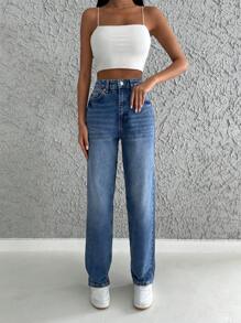 EURMUSE High Waist Straight Leg Jeans - Medium Wash - View 3
