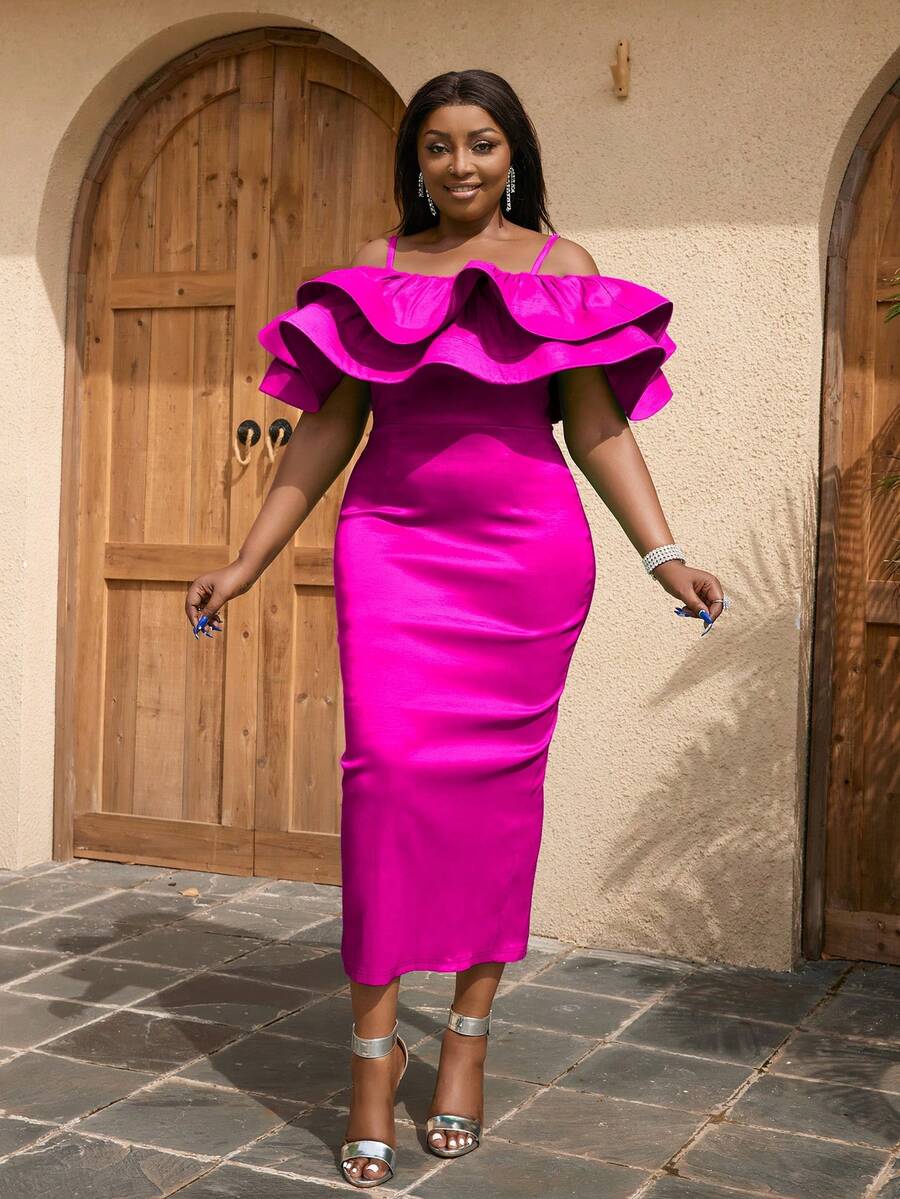 Plus Cold Shoulder Exaggerated Ruffle Trim Split Back Dress - Hot Pink - View 1