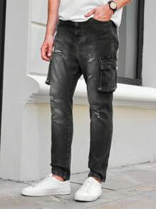 RueChic Men's Ripped Pocket Distressed Washed Denim Jeans - Black - View 4