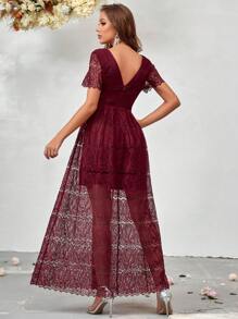 SHEIN Belle Cổ v Ren Váy phù dâu - Đỏ - Xem 2