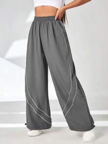 SHEIN Sports Contrast Piping Drawstring Hem Sports Pants - Grey - View 3