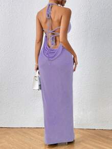 Allurite 垂坠领交叉露背结肩吊带连衣裙长款女装 - 紫色 - 查看 2