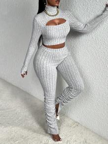 Slaydiva Bộ đồ mặc nhà thường ngày dành cho nữ 2 món - Áo crop top dài tay cổ cao có lỗ xỏ ngón cái & Quần jogger ôm vừa vặn có gấu xẻ, màu xám có gân chải - Xám - Xem 3
