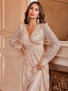 Faeriesty Women Elegant Women's Elegant Formal Evening Dress With Charming V-Neck, Crossover Detail, Dramatic Lantern Sleeves, And Flattering Fitted Silhouette For Gala Balls, Holiday Parties, Anniversary Celebrations, Formal Dinners, And Evening Galas,Summer Holiday Outfits