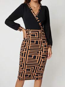 SHEIN Clasi Geo Print Surplice Neck Bodycon Dress - Multicolor - View 6