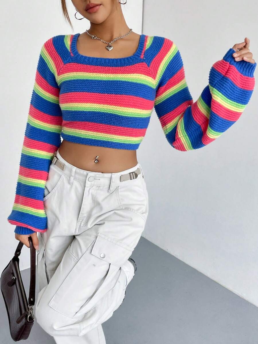SHEIN Unity Mô hình sọc cầu vồng Tay Raglan Áo len Crop - Nhiều màu - Xem 1