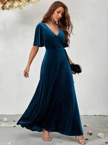 SHEIN Belle 翻領蝴蝶袖裹身下擺天鵝絨伴娘禮服 - 綠色 - 查看 6