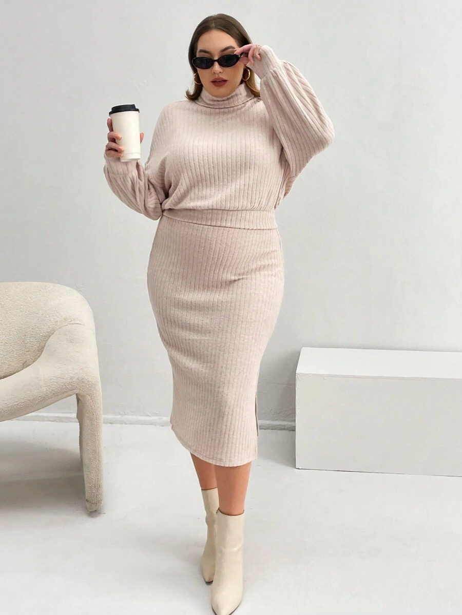 SHEIN Essnce Plus Turtleneck Drop Shoulder Top & Skirt - Apricot - View 1