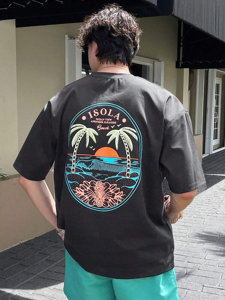 Men Letter & Palm Tree Print Drop Shoulder Tee Vacation