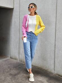 SHEIN Essnce 撞色網眼針織落肩袖套頭毛衣 - 彩色 - 查看 3