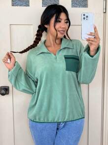 SHEIN EZwear Hơn Tương phản Túi có nắp Thả vai Một nửa khóa kéo Áo nỉ - Màu xanh Bạc hà - Xem 1