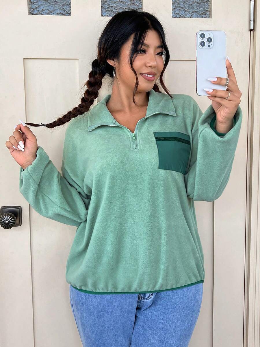 SHEIN EZwear Hơn Tương phản Túi có nắp Thả vai Một nửa khóa kéo Áo nỉ - Màu xanh Bạc hà - Xem 1