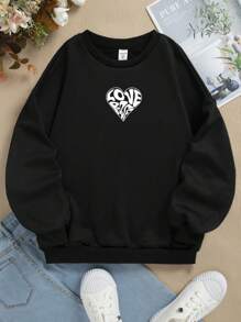 SHEIN EZwear Plus Size Letter And Heart Print Drop Shoulder Sweatshirt - Black - View 1