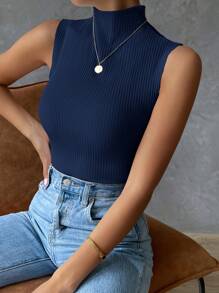 SHEIN Essnce 小高領條紋針織背心上衣 - 藏蓝色 - 查看 6