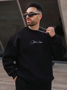 Men Letter Graphic Drop Shoulder Sweatshirt - Black - View 1