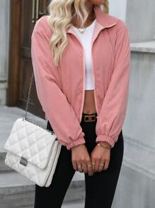 SHEIN LUNE Zip Up Corduroy Padded Coat - Pink - View 4