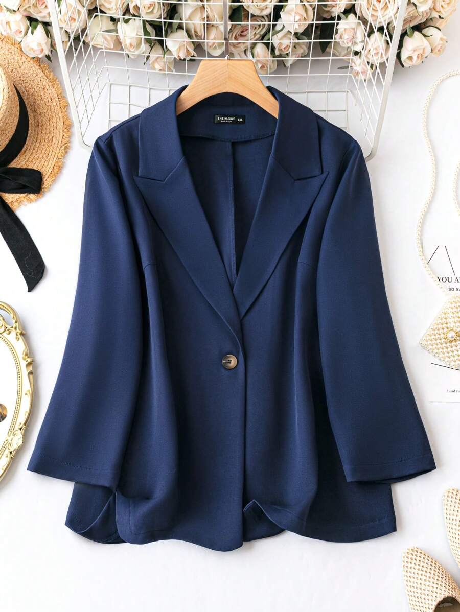 SHEIN Clasi 大碼戧駁領單釦西裝外套 - 藏蓝色 - 查看 1