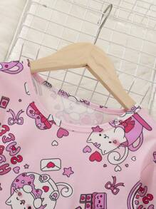 Tween Girl Cartoon & Heart Print Tee & Pants PJ Set - Baby Pink - View 4