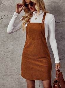 SHEIN LUNE Solid Overall Dress Without Tee - Coffee Brown - View 1