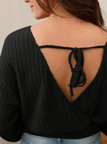 SHEIN Frenchy 後綁帶落肩T恤 - 黑色 - 查看 4