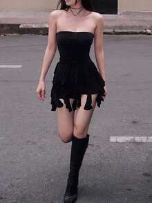 Solid Asymmetrical Hem Tube Dress - Black - View 4