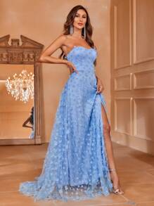 Strapless Sweetheart Neckline Evening Gown With High Slit & Floral Lace A-Line Skirt - Floor-Length Formal Dress For Gala Dinners, Red Carpet Events, Black-Tie Weddings, Opera Nights, And Luxury Charity Galas,Party Dress,Wedding Guest - Baby Blue - View 2