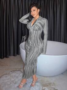SHEIN SXY Striped Print Button Front Bodycon Dress - Black and White - View 6