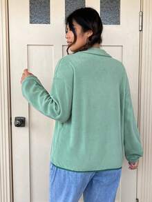 SHEIN EZwear Hơn Tương phản Túi có nắp Thả vai Một nửa khóa kéo Áo nỉ - Màu xanh Bạc hà - Xem 2