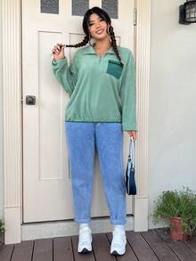 SHEIN EZwear Hơn Tương phản Túi có nắp Thả vai Một nửa khóa kéo Áo nỉ - Màu xanh Bạc hà - Xem 4