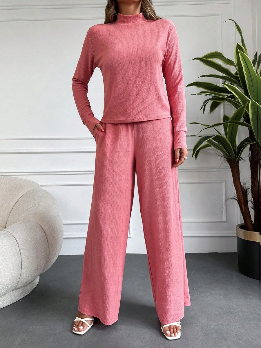 RueChic Mock Neck Tee & Wide Leg Pants - Pink - View 1