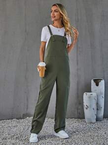 EMERY ROSE 女式长款工装风格连体裤，带前口袋，休闲实用外观 - 軍綠色 - 查看 3