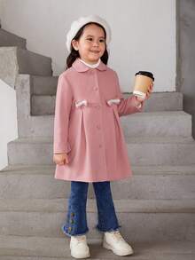 SHEIN Young Girl 1pc Bow Front Fold Pleated Overcoat - Pink - View 6