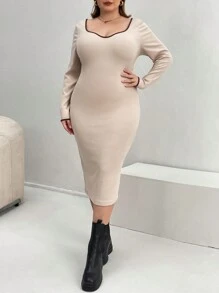 SHEIN Essnce 大碼撞色鑲邊緊身洋裝 - 杏色 - 查看 4