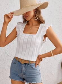 SHEIN VCAY Vacation Square Collar Cap Sleeve Neck Top Women's Shirt - White - View 6