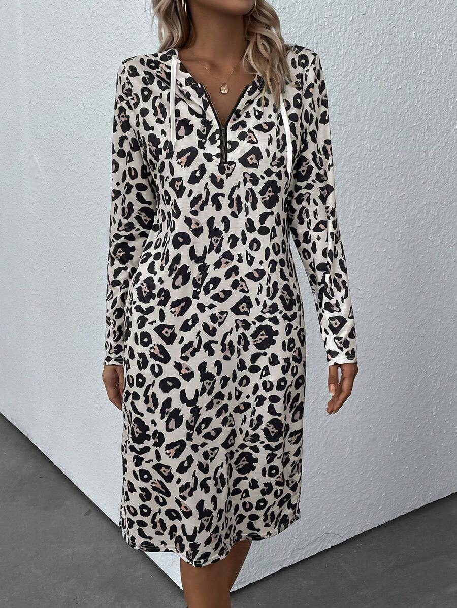 EMERY ROSE Leopard Print Drawstring Hooded Dress - Multicolor - View 1