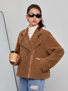 SHEIN Teen Girl Zip Up Teddy Jacket - Brown - View 1