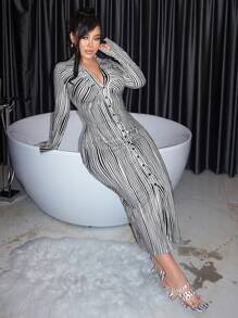 SHEIN SXY Striped Print Button Front Bodycon Dress - Black and White - View 1