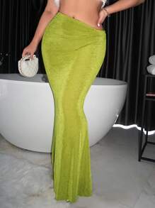 SHEIN SXY 夏季纯色美人鱼下摆半身裙 - 綠色 - 查看 1