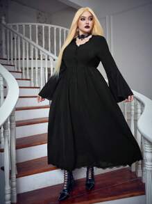 Flirla 加大喇叭袖蕾丝细节系带连衣裙 超长哥特女装 - 黑色 - 查看 7