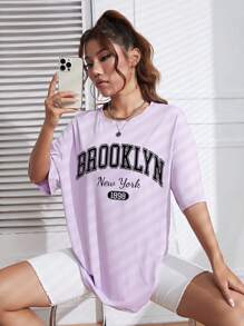 SHEIN EZwear 字母圖案落肩T恤 - 紫色 - 查看 3