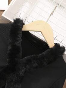 SHEIN 女大童毛茸邊開門襟夾克&吊帶洋裝 - 黑色 - 查看 3