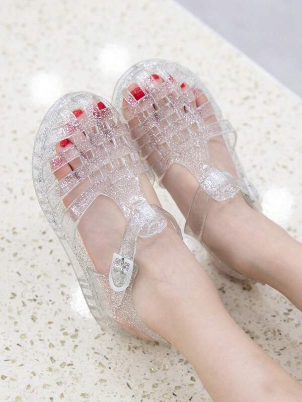 Girls' Simple Casual Flat Sandals, Little Princess Crystal Shoes For Outdoor Wear