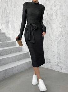 SHEIN Essnce 素色前繫帶緊身洋裝 - 黑色 - 查看 3