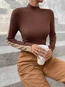 SHEIN Essnce Contrast Side Seam Mock Neck Tee - Multicolor - View 1