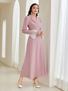 Modelyn Shawl Collar Contrast Lace Dress Without Belt - Dusty Pink - View 1