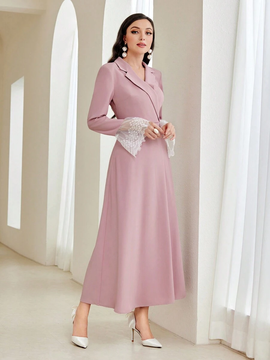 Modelyn Shawl Collar Contrast Lace Dress Without Belt - Dusty Pink - View 1