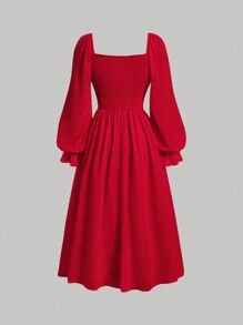 SHEIN MOD 方領喇叭袖胸部褶皺洋裝 - 紅色 - 查看 2