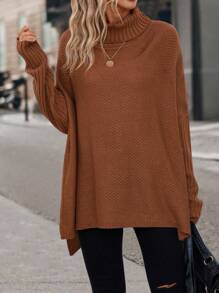 SHEIN Clasi 高領蝙蝠袖下擺開叉套頭毛衣 - 摩卡棕 - 查看 7