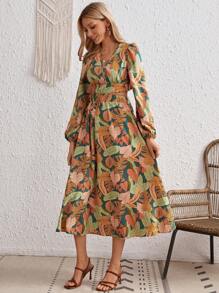 SHEIN VCAY Robe Partout Imprimé Tropical Manches Bouffantes - Multicolore - Voir 5